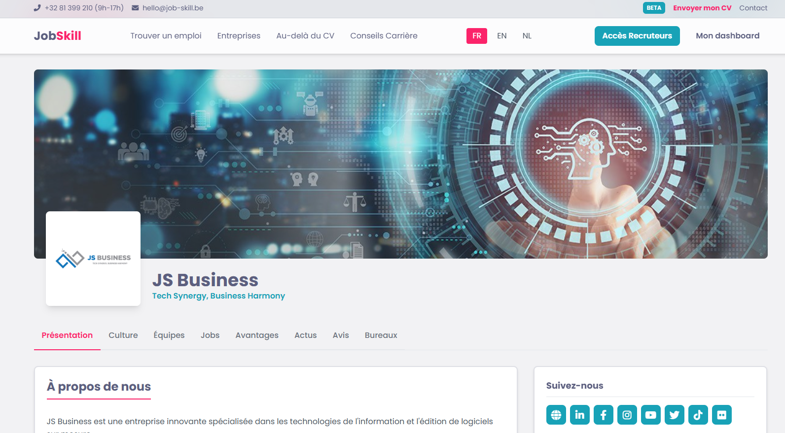 Exemple de page entreprise sur Job Skill